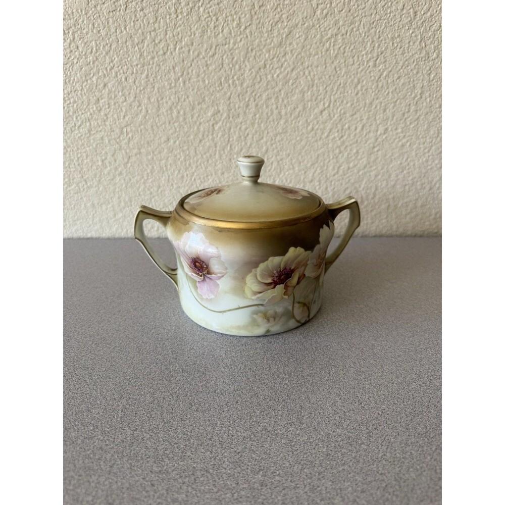 Antique R&C Rosenthal Germany Porcelain Covered Sugar Bowl Floral Gold Trim